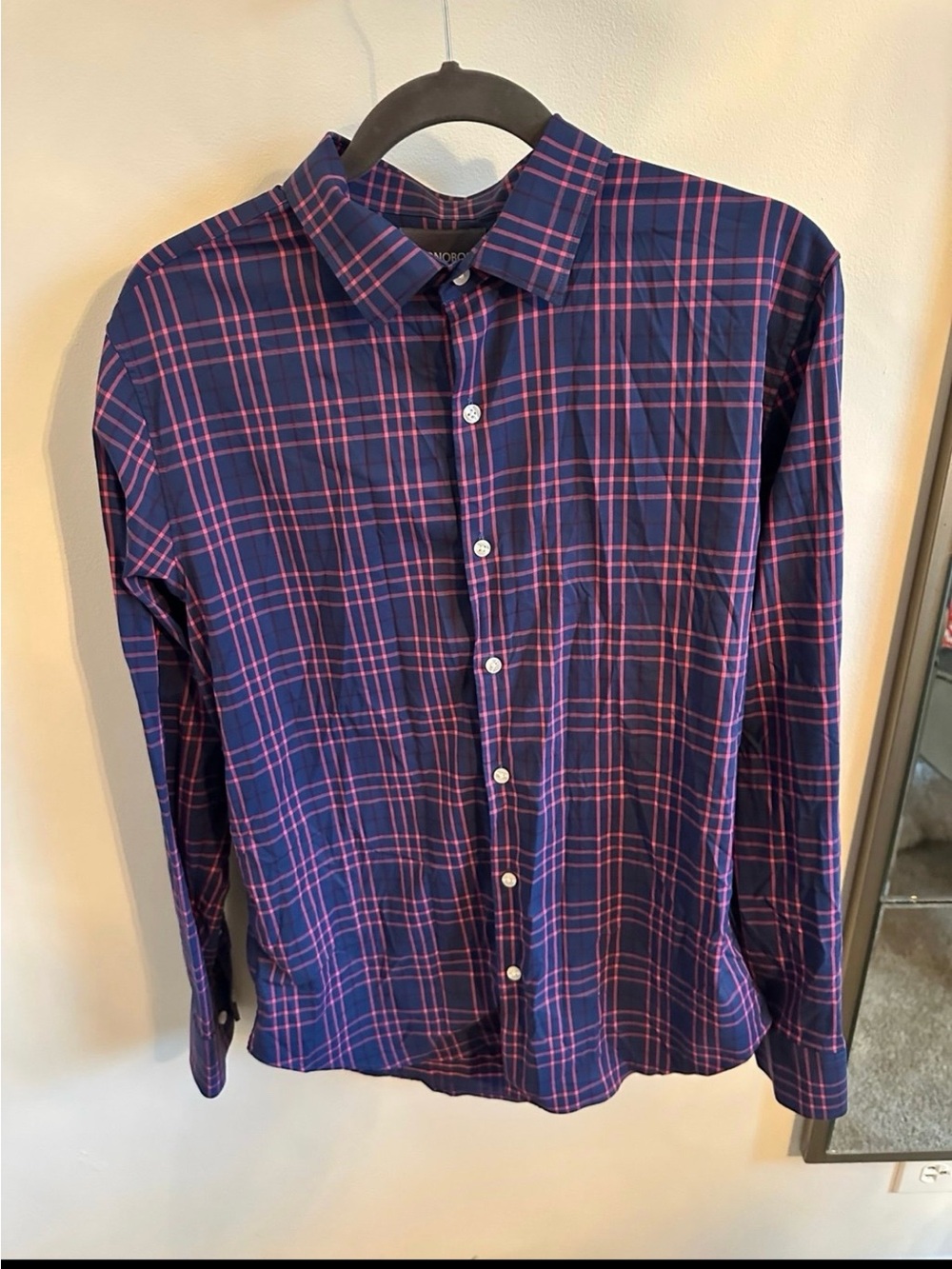 Bonobos Men's Navy Plaid Button-Up Shirt with Pink Check